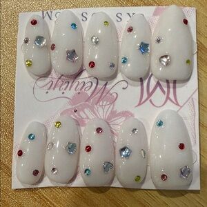 Elegant White Handmade Press-On Nails with Multicolor Gems